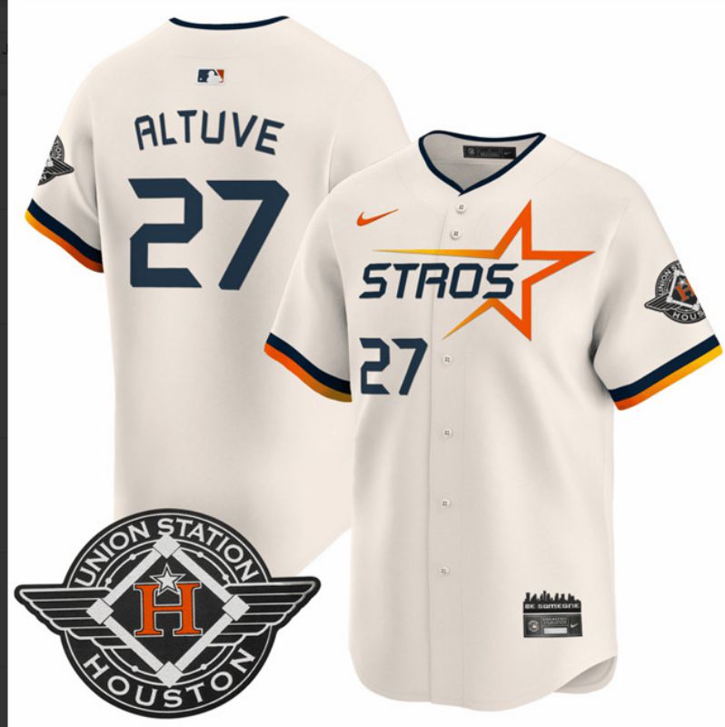 Men Houston Astros 27 Altuve Cream Three generations Joint Name 2025 Nike MLB Jersey style 1
